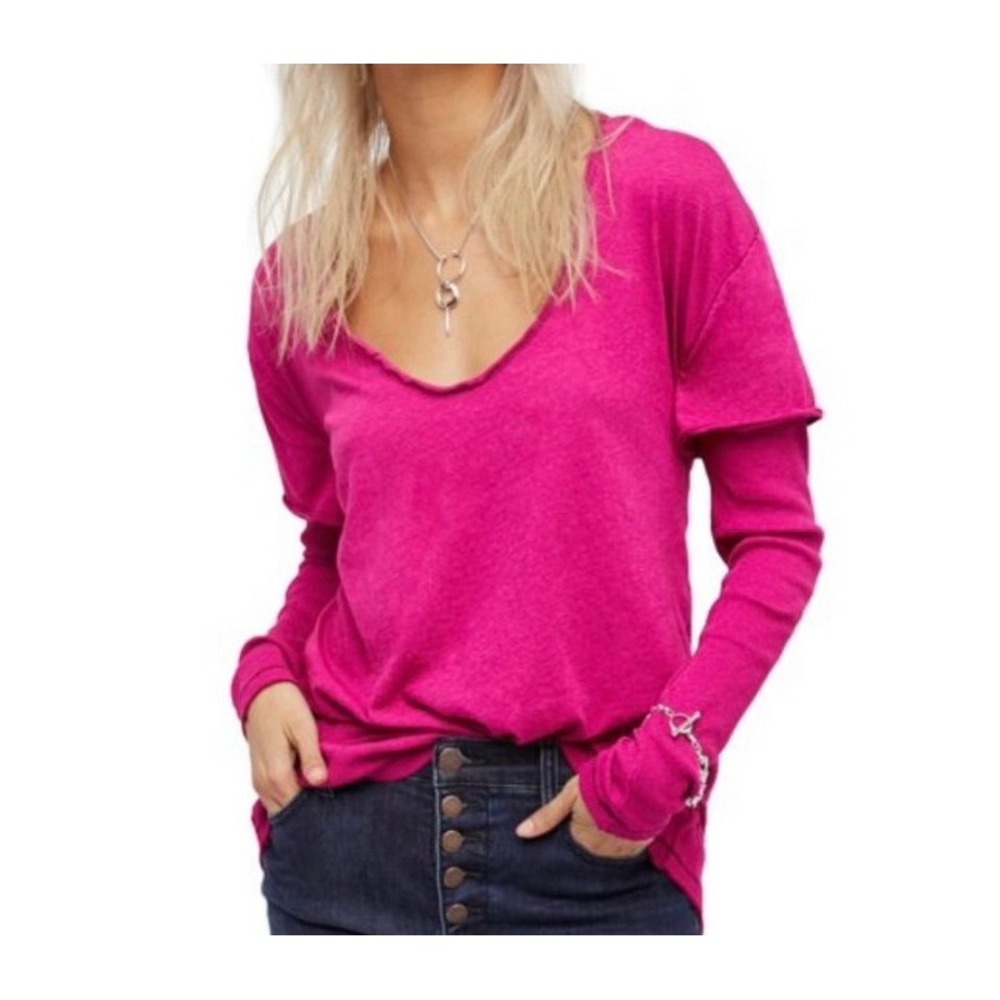 We The Free Free People Magenta Layered Long Sleeve Scoop Neck Top Small